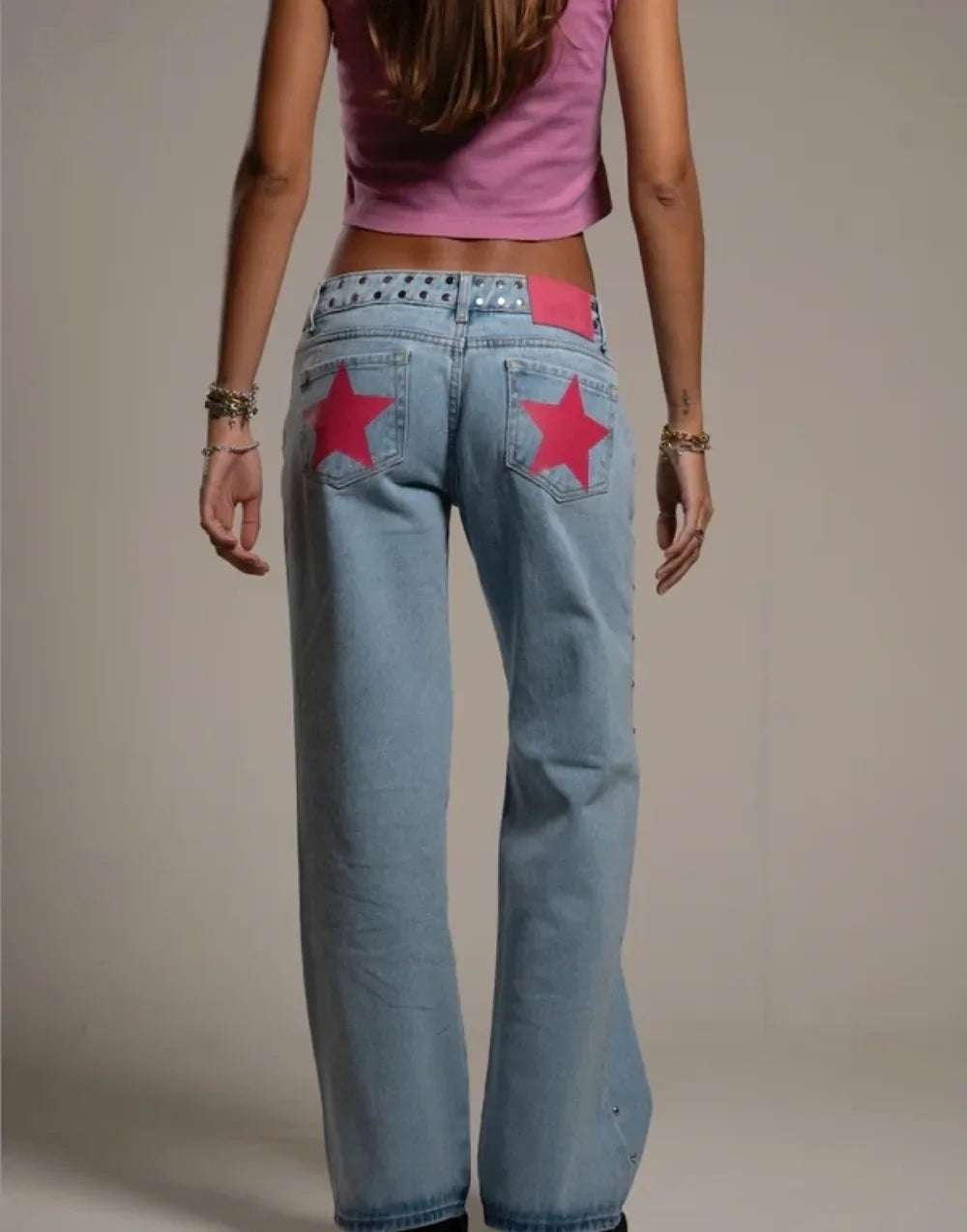 90S ONE DILEMMA Five-Pointed Star Print High Waited Jeans Street Harajuku Baggy Jeans Women Clothing Casual Straight Denim Pants