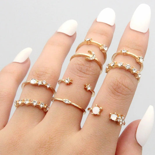 9Pcs/set Moon Star Rings for Women Girls Bohemian Jewellery set Gift Accessories