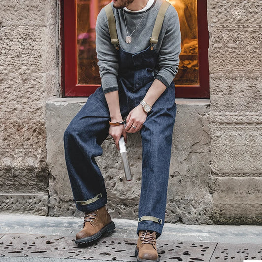 Maden Vintage Unisex Denim Overalls Baggy Fit Navy Deck Jumpsuits Couple Cotton Wide-leg Oversize Jeans for Autumn and Winter