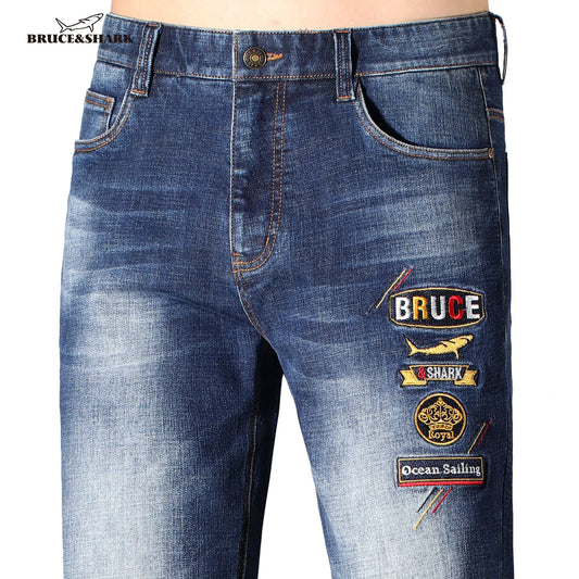 2025 Stretch Men's Jeans, New Trend Embroidered Blue Jeans, Bruce&Shark Loose Straight Leg Jeans For Man, Thick Cotton Big Size