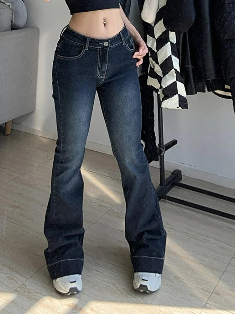 Kalevest Y2K High Street Low Rise Jeans Blue Women Pants Bootcut Pockets Jeans Streetwear Low Waist Jeans Wide Leg Pants