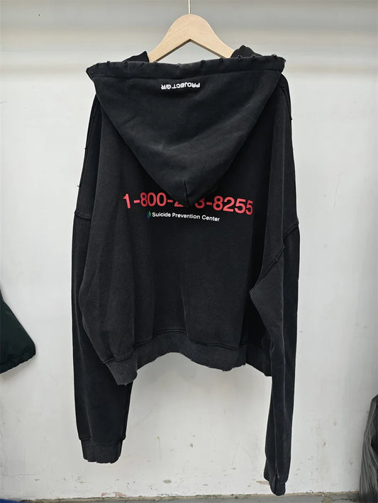 Retro Black PROJECT G/R Zipper Hoodie Wear Out Loose Casual Men's