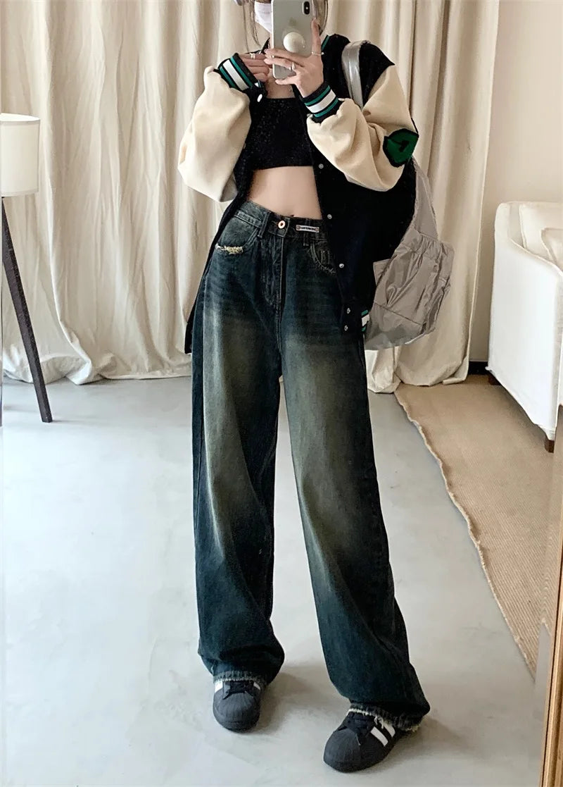 Women's Harajuku Style Loose Wide Leg Jeans Autumn Winter Street Fashion Retro Straight Loose Denim Trousers 