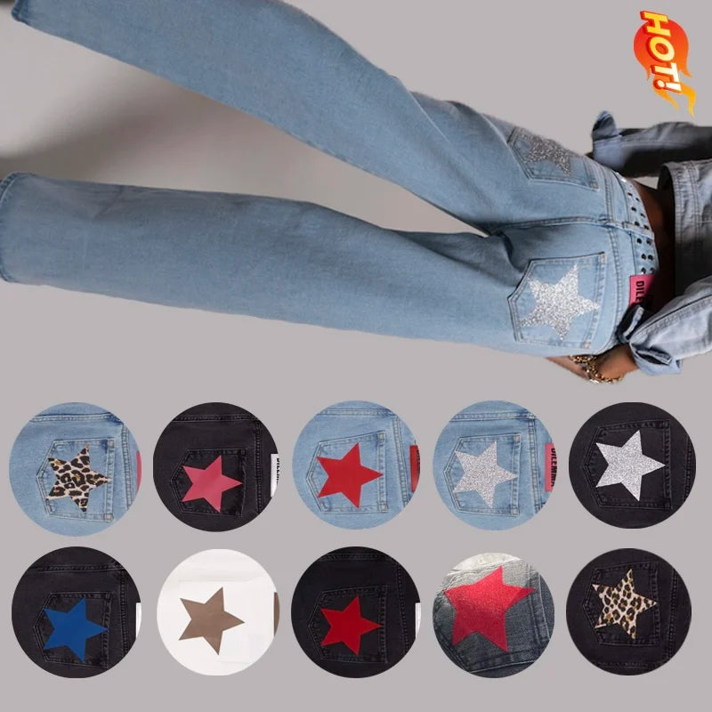 Y2K Blue Vintage Five-Pointed Star High Waited Jeans ONE DILEMMA Fashion Baggy Jeans Women Clothing Casual Straight Denim Pants