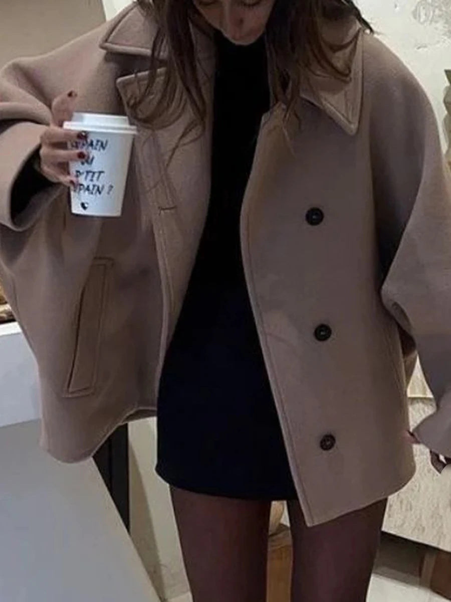Women s Winter Oversized Wool Jacket with Batwing Sleeves and Lapel Collar Button Closure Solid Color Loose Fit Coat for Cold