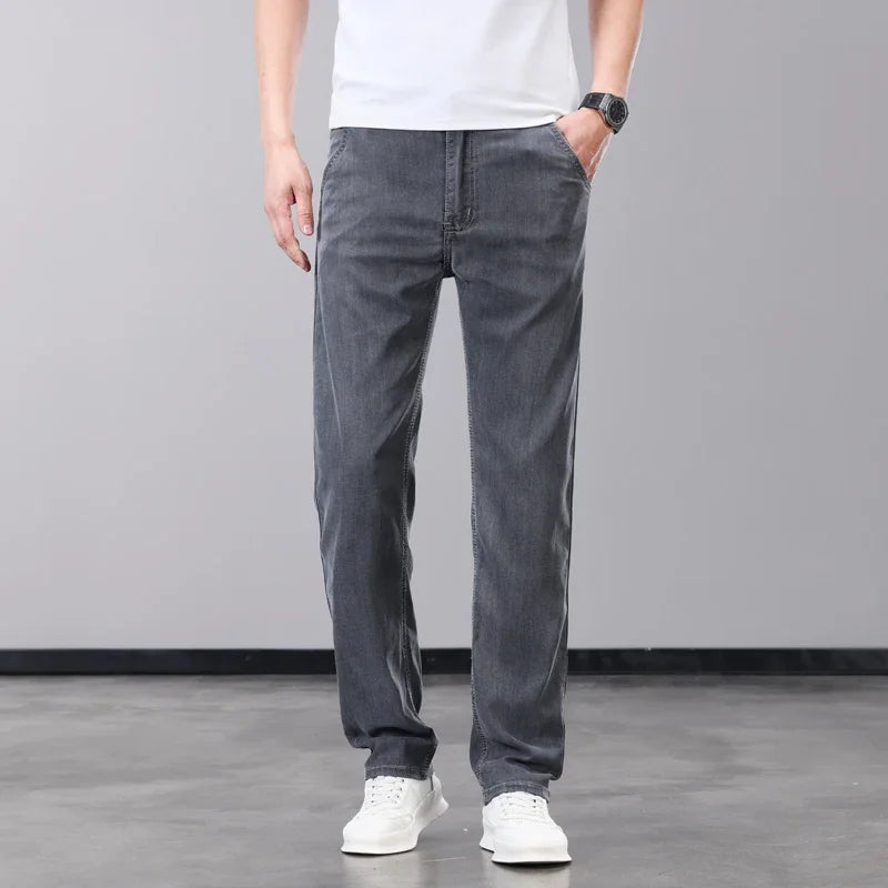 Summer Thin Men's Jeans Lyocell Fabric Soft Breathable Straight Denim Pants Brand Man Elastic Ice Silk Casual Trousers Grey Blue