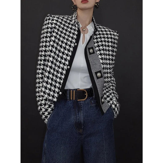 Women's Houndstooth Outerwears & Jacket Stand Collar Long Sleeves Autumn Winter Fall Clothes 2024 Women Classics Coat