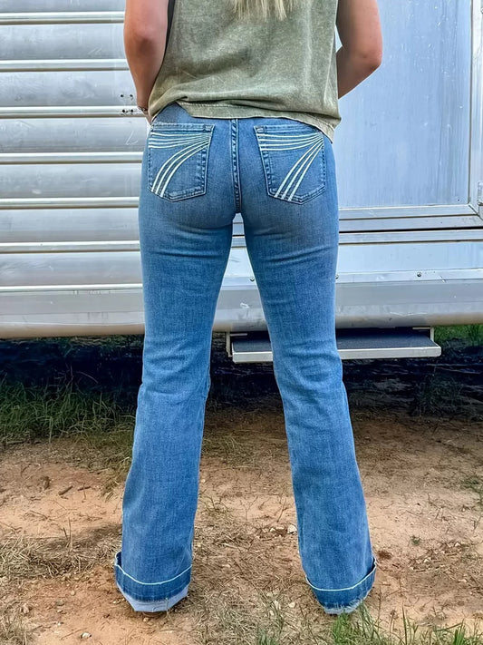 2025 New Women's High Waist Elastic Embroidered Horn Jeans, High Quality Versatile Fashion Casual Jeans, Machine Washable, Suita