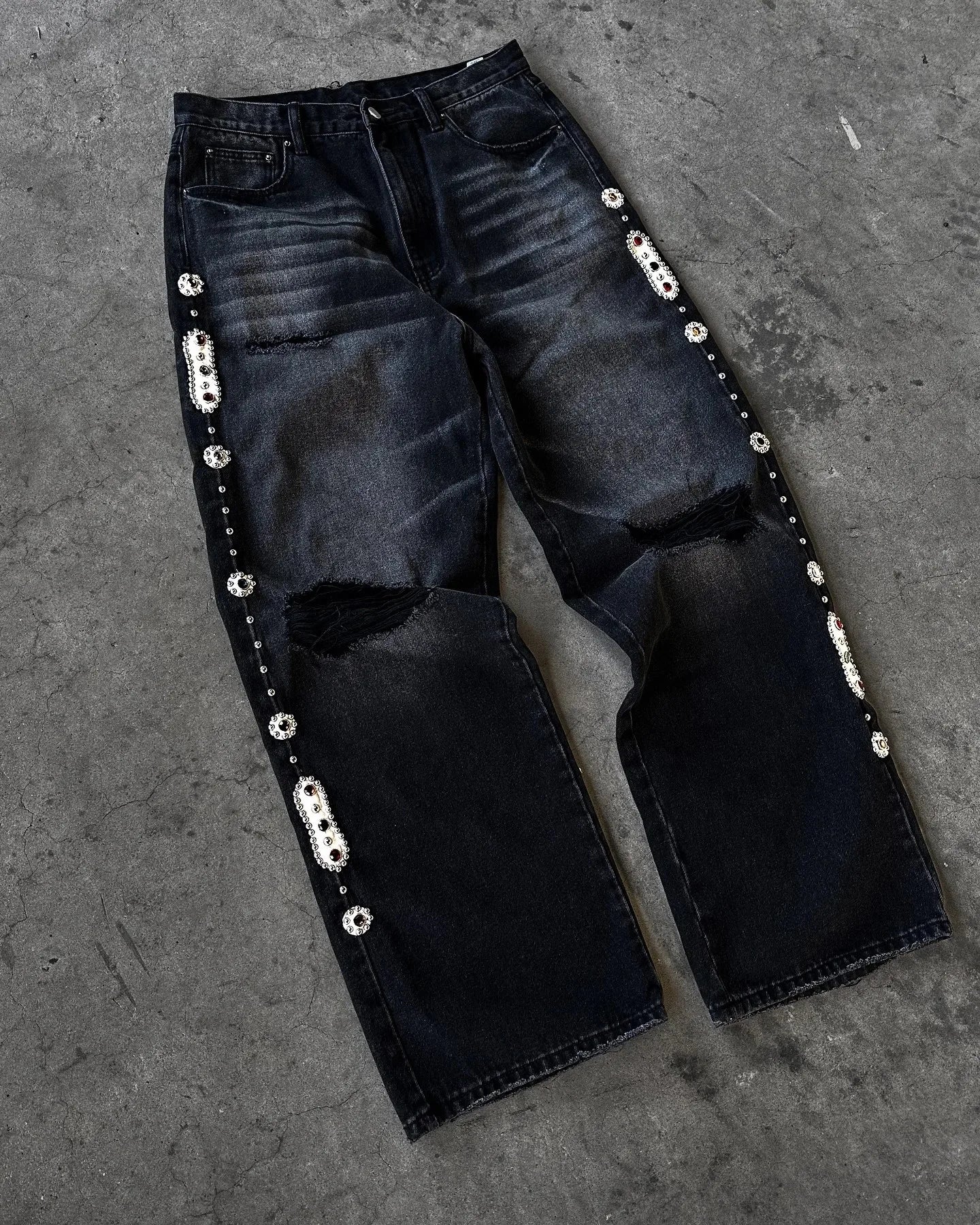 Derschutze Patchwork Cherry Blossom Embroidery Denim Pants Y2k Vintage Women Baggy Straight Wide Leg Jeans Street Men Clothes