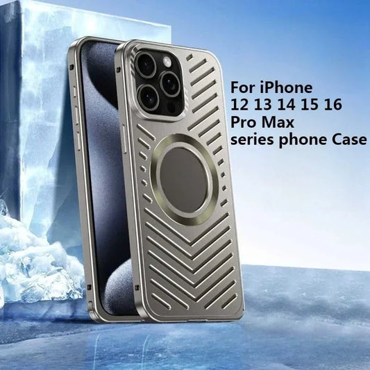 for IPhone 12 13 14 15 16 Pro Max Series MagSafe Case Luxury Metal Heat Dissipation Magnetic Phone Cases Aluminum Cooling Cover