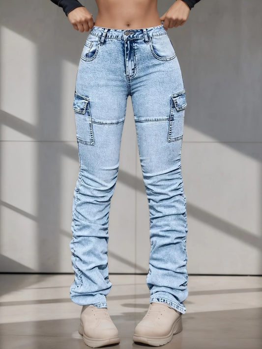 2025 New Women's High Waisted Elastic Multi Pocket Workwear Jeans, Street Fashion Casual Slim Fit Stacking Pants, Comfortable Fi