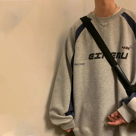 American High Street Letter Print Sweatshirt Men Autumn Oversized Colorblock Pullover Hoodies Y2K Vintage Sudaderas Para Hombres