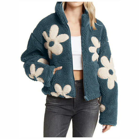 Womens Floral Fleece Jackets Winter Zipper Cropped Coat Casual Long Sleeve Outwear With Pockets Cute Plush Jacket For Women