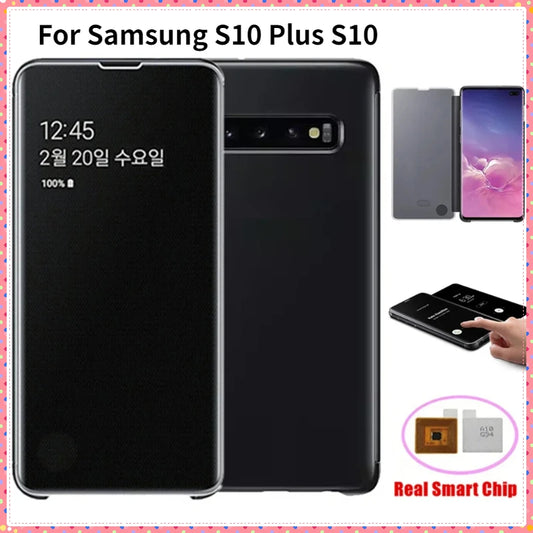For Samsung Galaxy S10 S24 Plus Window View Clear Mirror Intelligent Protective Cover Flip-free Smart Chip Flip Leather Cases