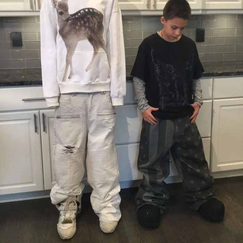 Y2K Retro Biker Denim Pants Zipper Pocket Distressed Holes Ruched Jeans New Trendy High Street Streetwear Unisex Baggy Trousers