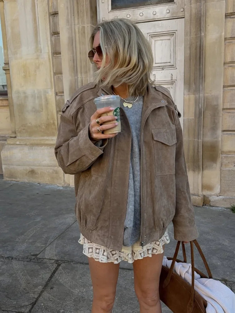 Fashion Stand Collar Suede Jacket Women Long Sleeve Pockets Zipper Loose Bomber Jacket 2025 Autumn Lady High Street Outwear