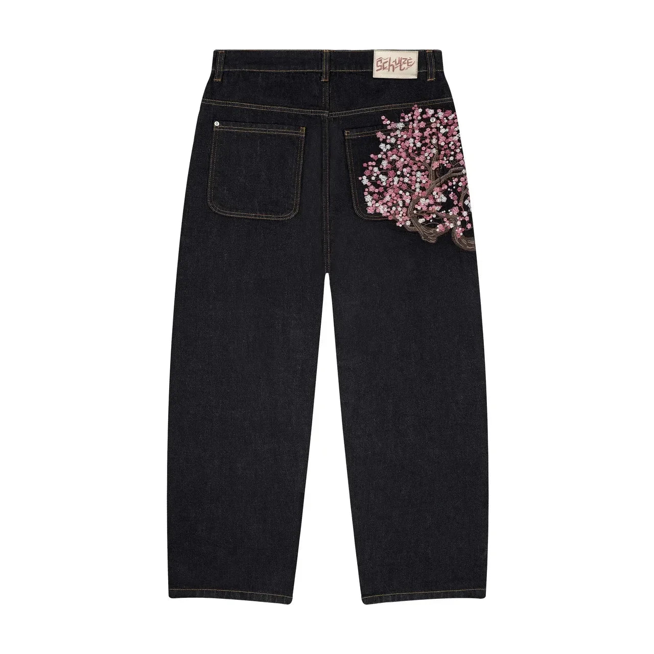Derschutze Patchwork Cherry Blossom Embroidery Denim Pants Y2k Vintage Women Baggy Straight Wide Leg Jeans Street Men Clothes
