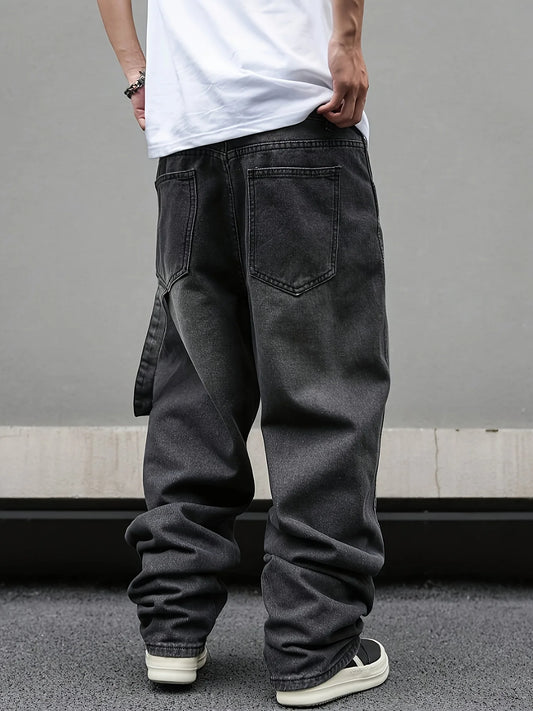 High street American Vibe pleated design micro flared jeans men's loose straight leg hanging wide leg pants men