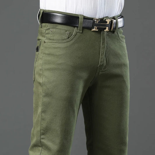 Large Size 42 44 Autumn 98% Cotton Men's Stretch Slim Jeans ArmyGreen Soft Comfortable Casual Straight Denim Pants Trousers