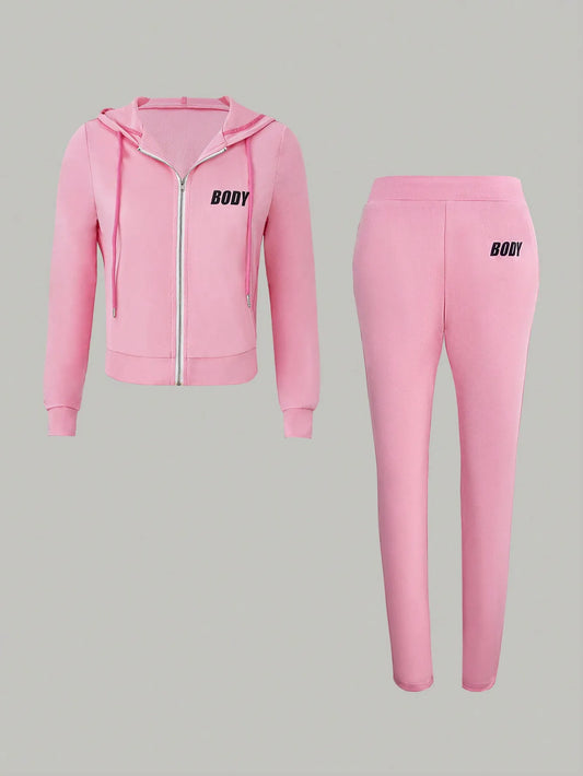 Women's Pink Zipper Sportswear Set of 2 Pieces Jogger Letter Printed Jogging Sportswear Hoodie and Sweatpants Set