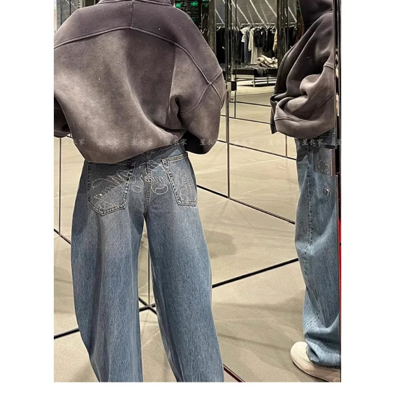 Loose Wide Leg Womens Jeans Casual  Pants Trousers Vintage Retro Design American Style Chic Distressed Oversized Fashion