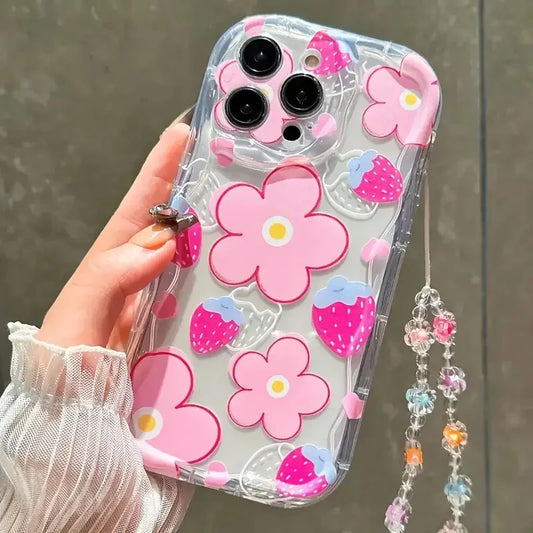 Fashionable, simple and cute TPU phone case with floral patterns With high-quality lanyards - i Phone 11, 11 Pro Max, 12, 12 Pro