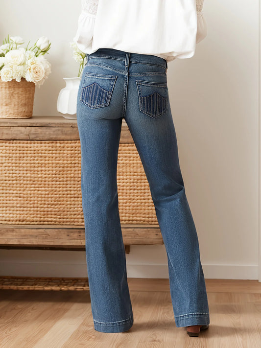 Women's Vintage Bootcut Jeans Mid Rise Stretch Slim Embroidered Wide Leg Denim Pants Western Cowgirl Boot Jeans