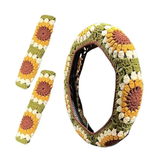Universal Crochet Sunflower Car Steering Wheel Cover 35-38cm Anti-Slip Auto Handmade Wheel Cover With Seat Belt Cover Set