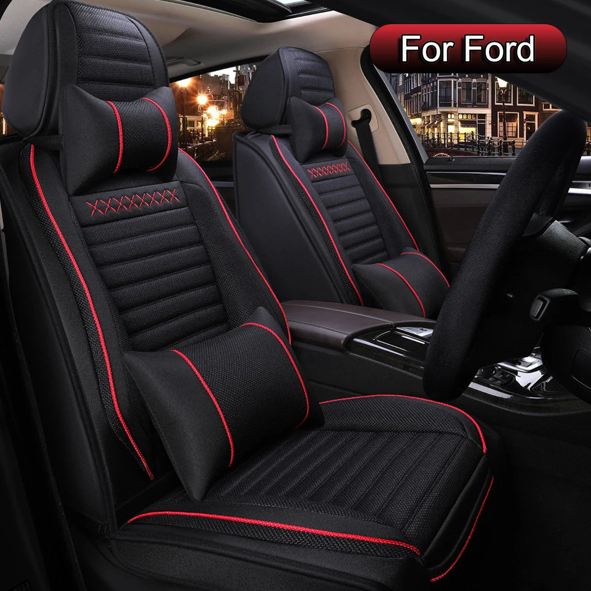 Car Seat Covers Full Set Linen, Fit For Ford Escape, Edge, Focus, Fusion, Mustang Mach-E, Maverick, EcoSport, Taurus