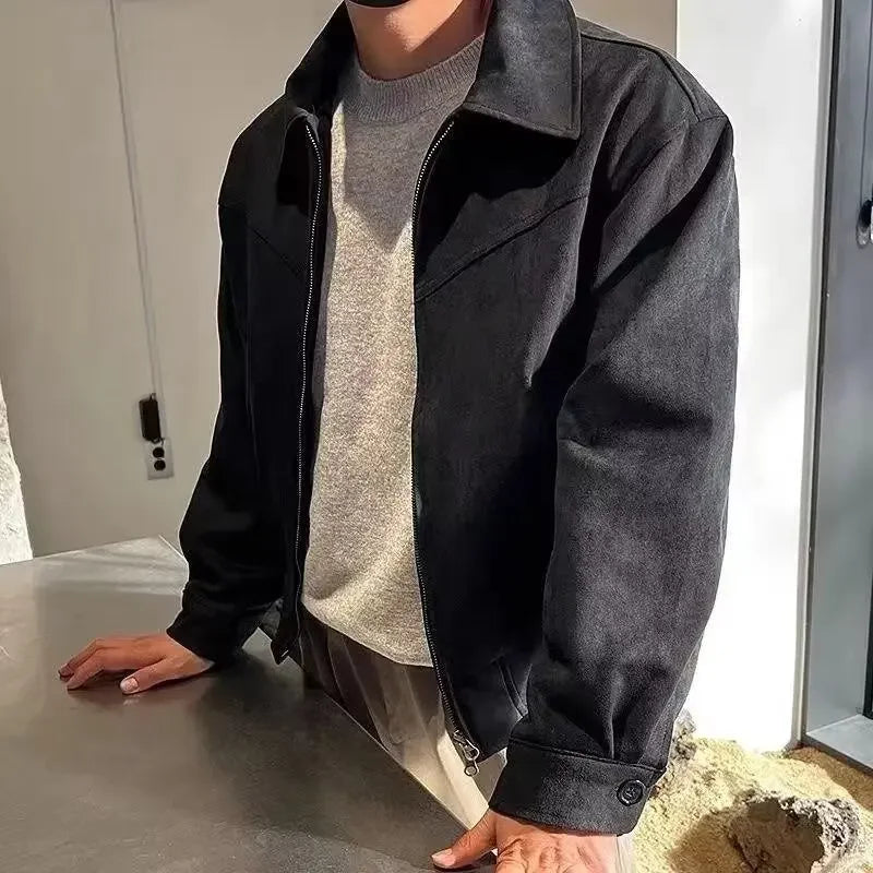 Versatile Vintage American Style Chamois Leather Jacket For Men Brown Coffee Maillard Matching Cropped Lapel Autumn Winter Seaso