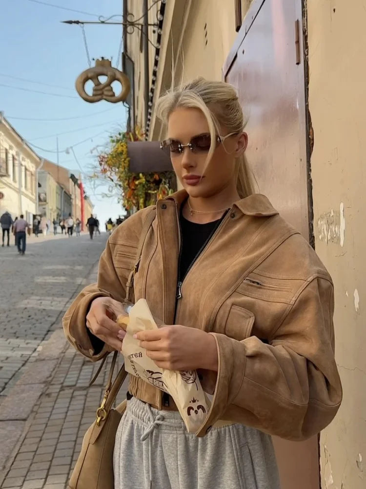 Full Sleeve Zipper Cropped Suede Jacket Women Casual Lapel Pocket Loose Thin Coat 2025 Autumn Lady Highstreet Commute Outwear