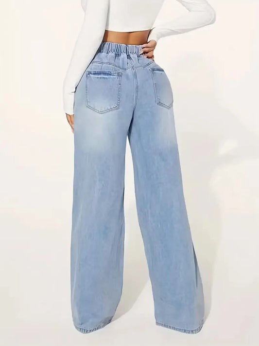 New Women's Fashionable Casual Straight Leg Jeans with Drawstring Washed Denim, Versatile Jeans for Daily Use