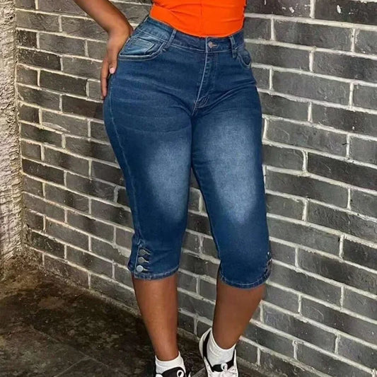 Plus size women's elegant dark blue high waist skinny cropped jeans