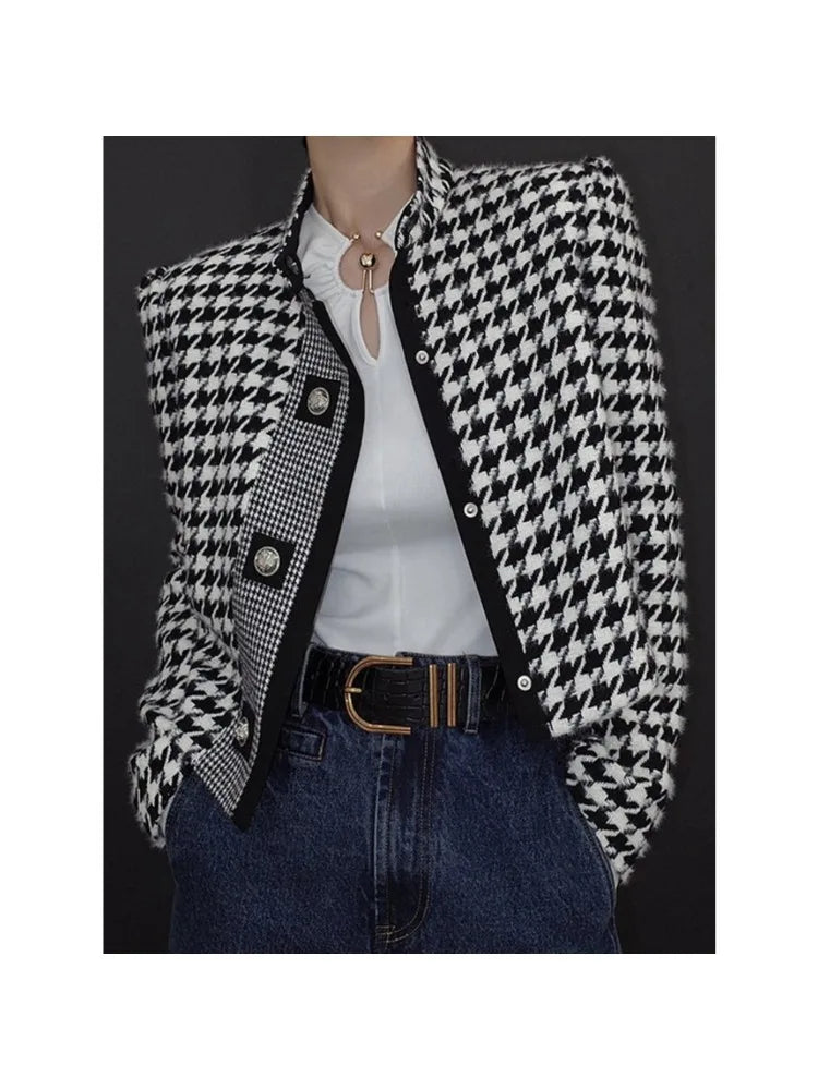 Women's Houndstooth Outerwears & Jacket Stand Collar Long Sleeves Autumn Winter Fall Clothes 2024 Women Classics Coat
