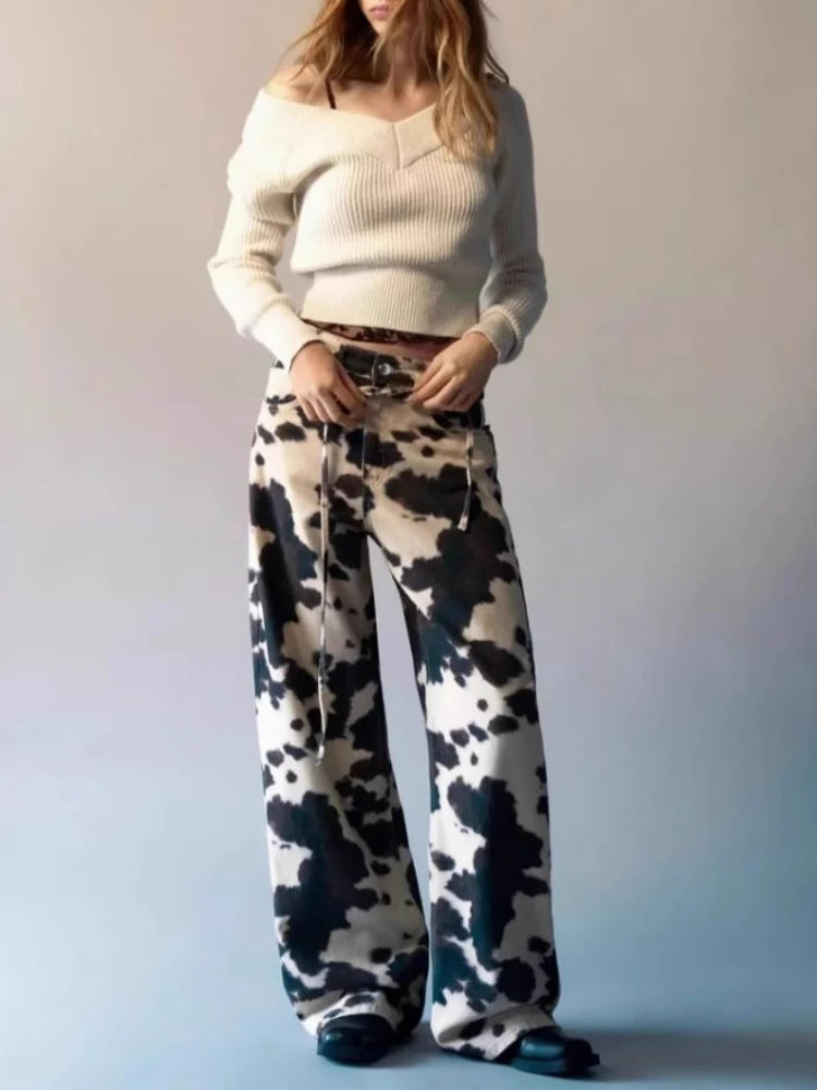 HOUZHOU Vintage Cow Print Jeans Women Y2k Baggy Hip Hop Washed Denim Trousers Grunge Retro Streetwear Wide Leg Jeans Aesthetic
