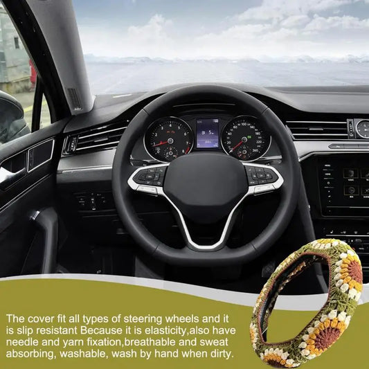 Steering Wheel Cover Set For Women Anti-Slip Handmade Knitted Sunflower Steering Wheel Cover Aesthetic Soft Decor Car