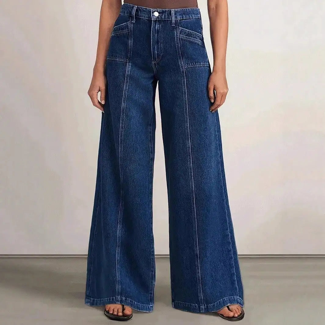 Women’s Deep Blue Wide Leg Jeans - Stylish Denim Trousers for Comfort and Versatility