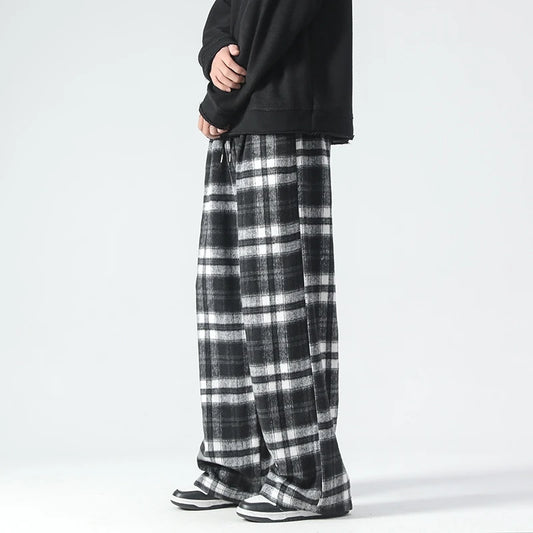 Vintage Plaid Pants Men's Loose Wide Leg Pants Autumn New Lazy Wind Straight-leg Leisure Trousers Male Jogger Sweatpant