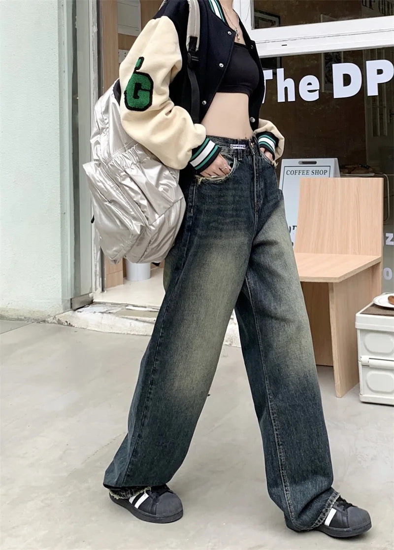 Women's Harajuku Style Loose Wide Leg Jeans Autumn Winter Street Fashion Retro Straight Loose Denim Trousers 