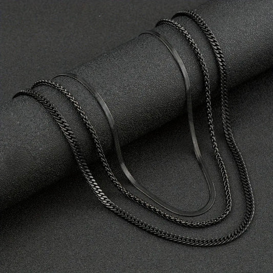 Men's 3pcs Black Steel Necklace Set – Punk Gothic Chain Links