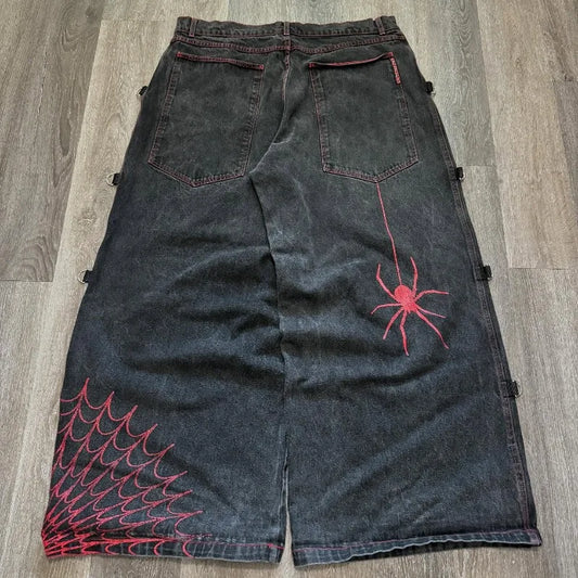 Y2K Vintage Jeans Harajuku Spider Web Printing Black Loose Wide Leg pants Hip Hop Men Women Punk Rock Streetwear Wide Leg Jeans