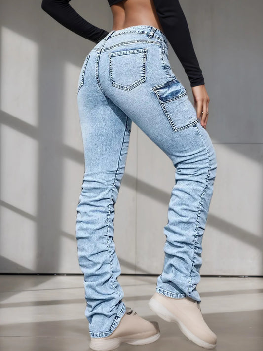 2025 New Women's High Waisted Elastic Multi Pocket Workwear Jeans, Street Fashion Casual Slim Fit Stacking Pants, Comfortable Fi