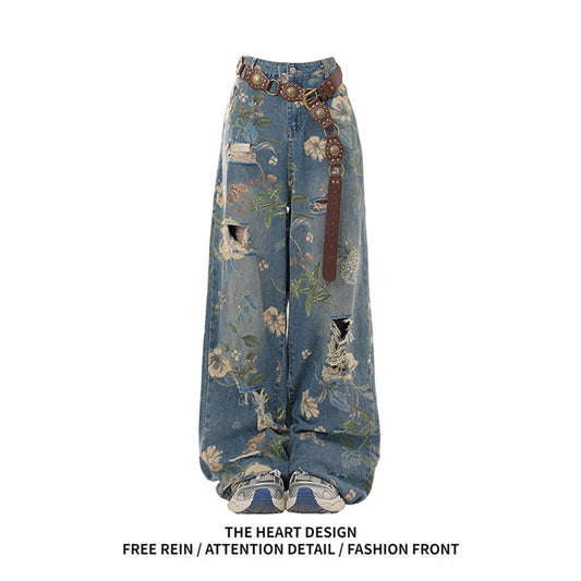 Y2K Women's Vintage Floral Print Distressed Wide Leg Jeans With Buckle Belt Streetwear Casual Denim Pants