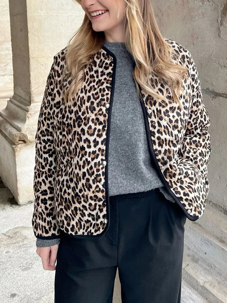 Women s Leopard Print Puffer Jacket with Hood and Faux Fur Lining Stylish Winter Coat Warm Outerwear Zip Up Parka