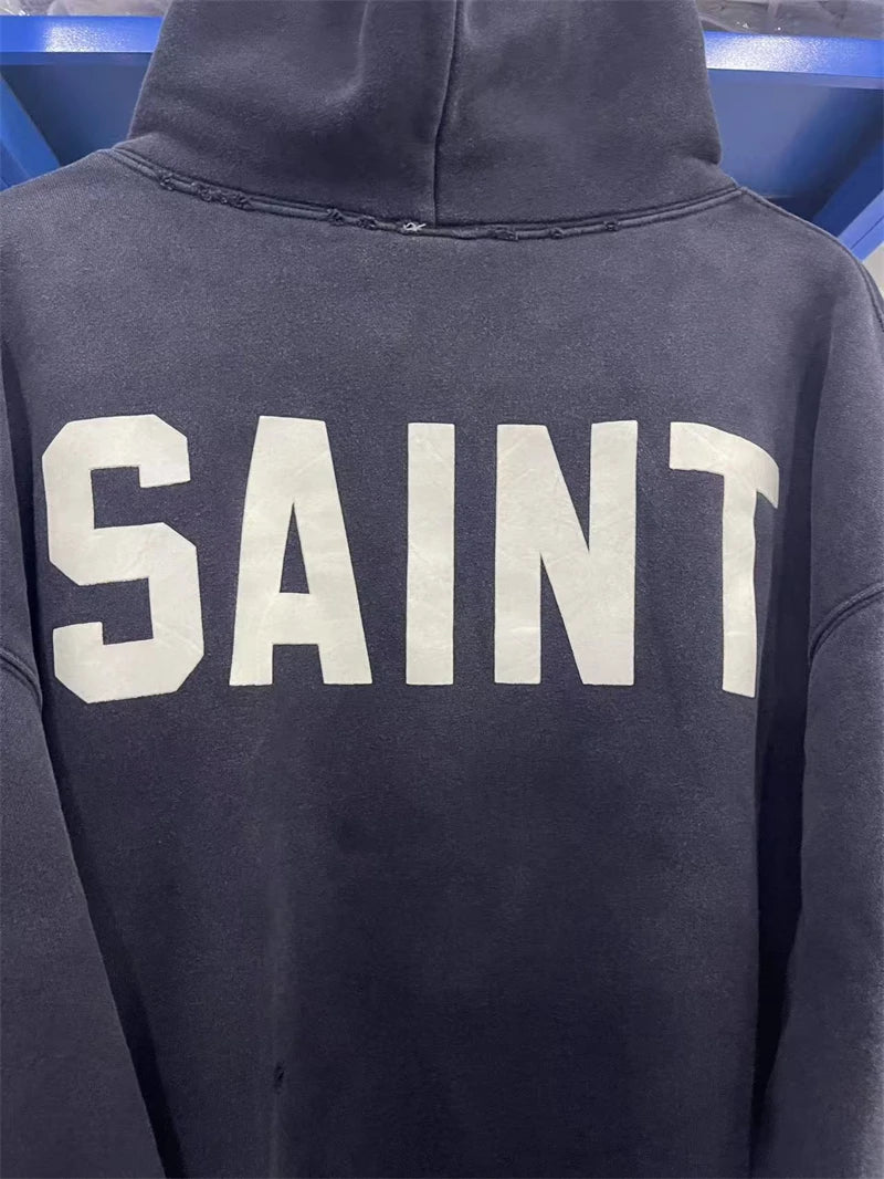 New VTG Saint Letter Logo Print Washed Hoodie Cotton Casual For Men Women Hip Hop Oversize High Street Damaged Hole Streetwear