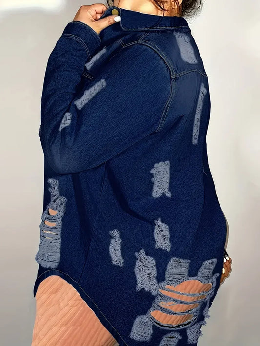 Women Solid Color Stylish Button-down Denim Shirt Ripped Pocket Long-sleeved Denim Top
