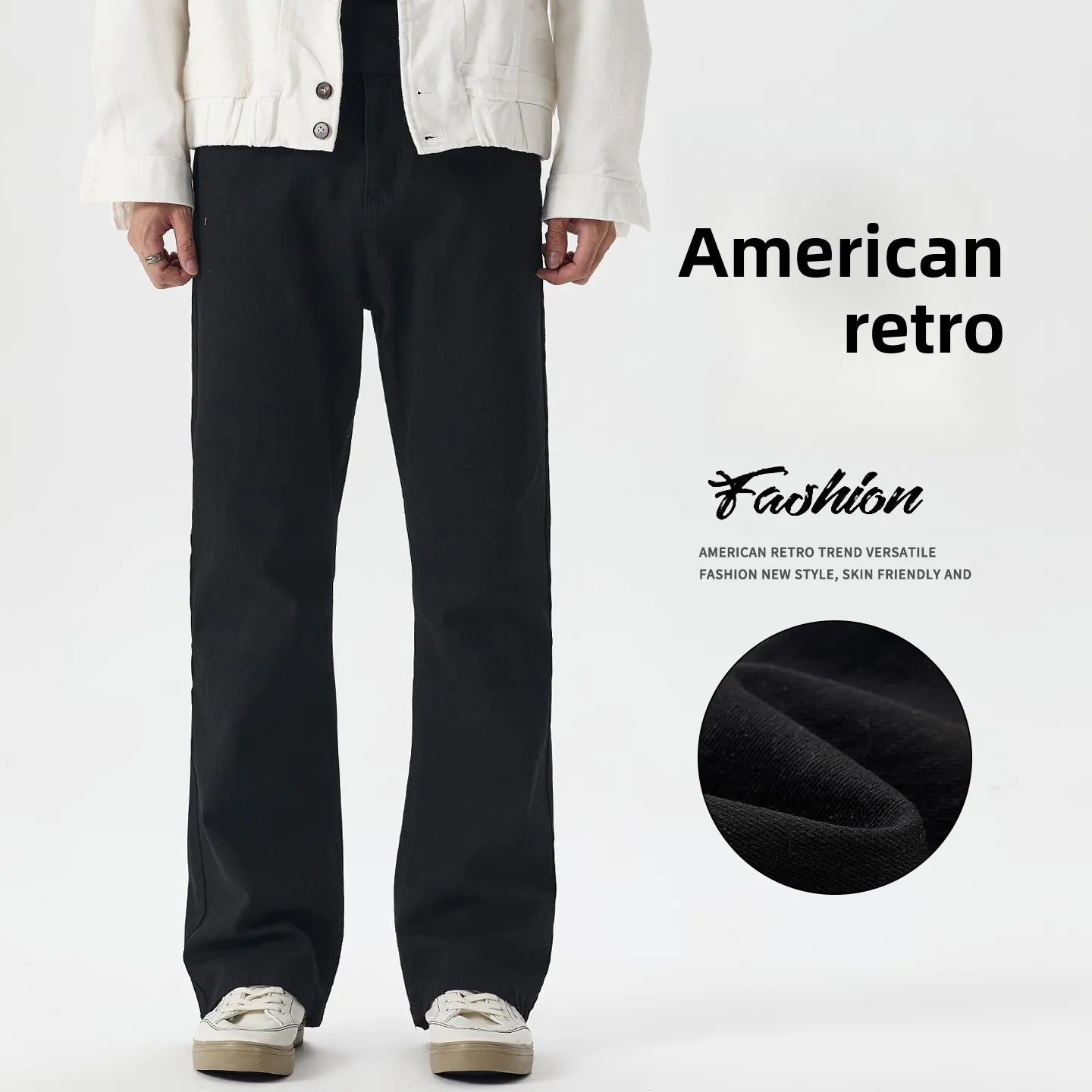 N-style Retro Korean Version of High Street Micro Horn Loose Slimming Tie-in Straight Black Autumn and Winter Jeans Man