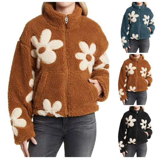 Womens Floral Fleece Jackets Winter Zipper Cropped Coat Casual Long Sleeve Outwear With Pockets Cute Plush Jacket For Women