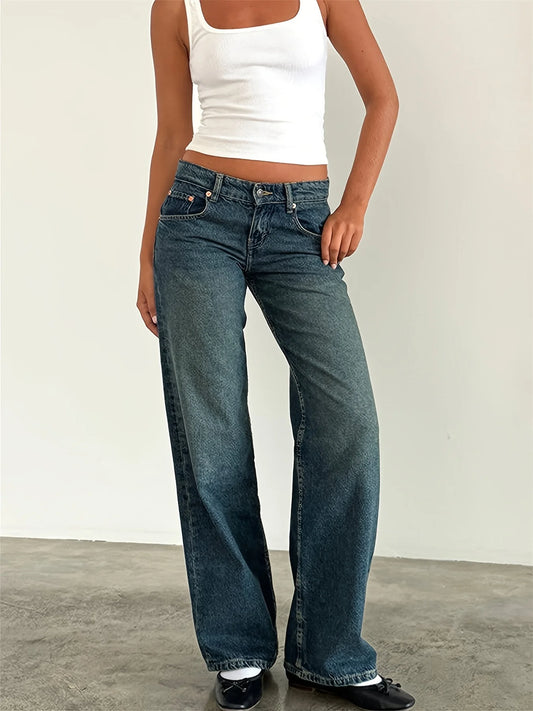New women's solid-color washed straight-leg jeans, low-waisted, simple, versatile, fashionable, comfortable and loose for goin