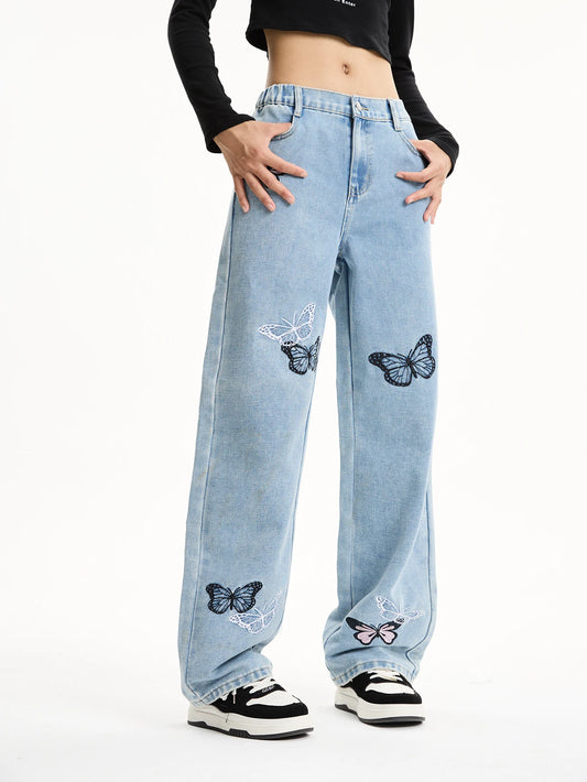 Medium and large girls teenager butterfly print loose wide-leg straight pants casual long versatile jeans